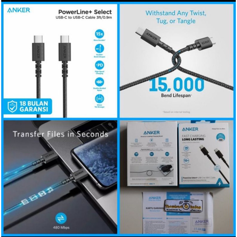 Kabel Charger PD Anker Powerline Select+ C to C 3ft A8032 Power Delivery