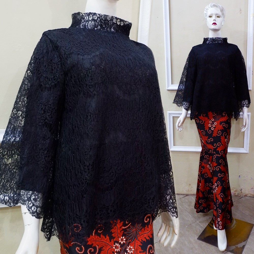 Set Kebaya Brokat Linen Kombinasi Rok Duyung Batik Modern