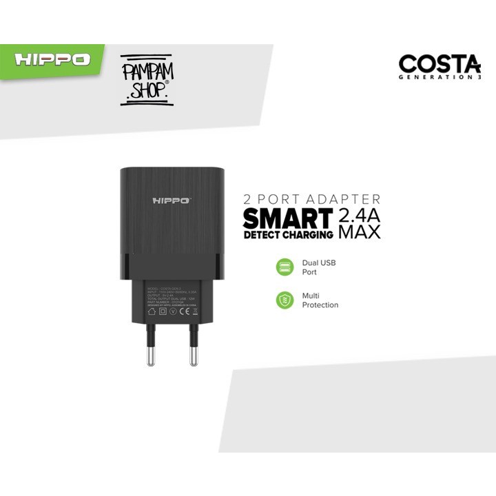 Kepala Adaptor Charger Hippo Costa Gen 3 2 Lobang USB Port Original Ori For XiaoMi Samsung Oppo Vivo LG