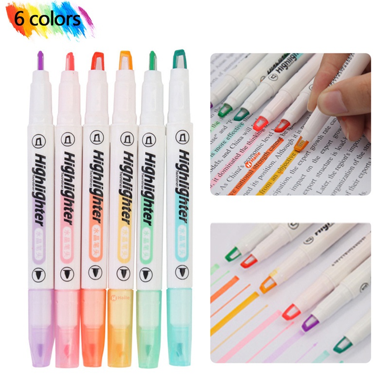 6pcs / Set Spidol Highlighter Ujung Ganda Warna Macaron Kawaii Lucu Untuk Stationery Sekolah