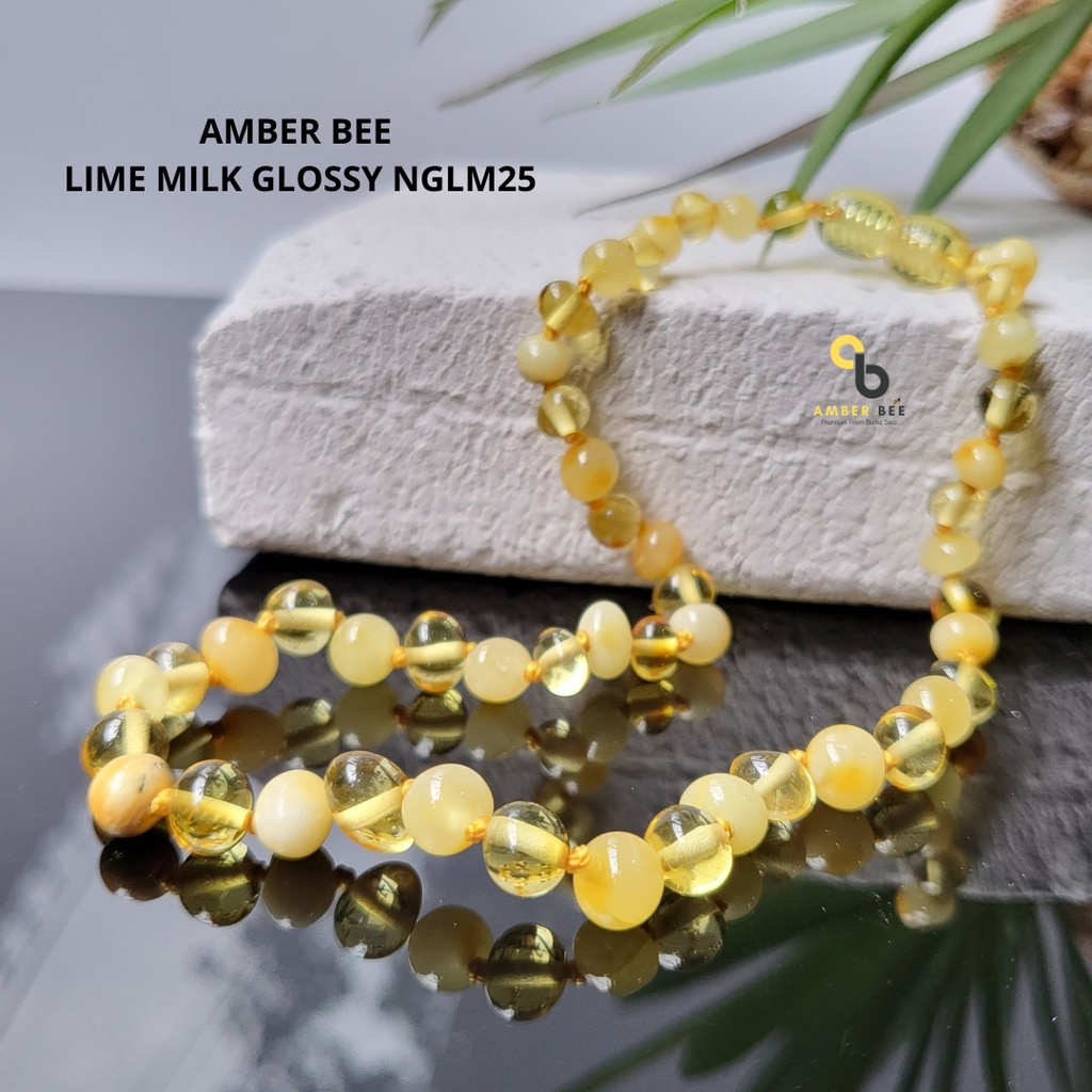 Set Kalung Gelang Amber Asli Baltic Anak Premium Glossy Lemon Milk 33-36cm By Amber Bee