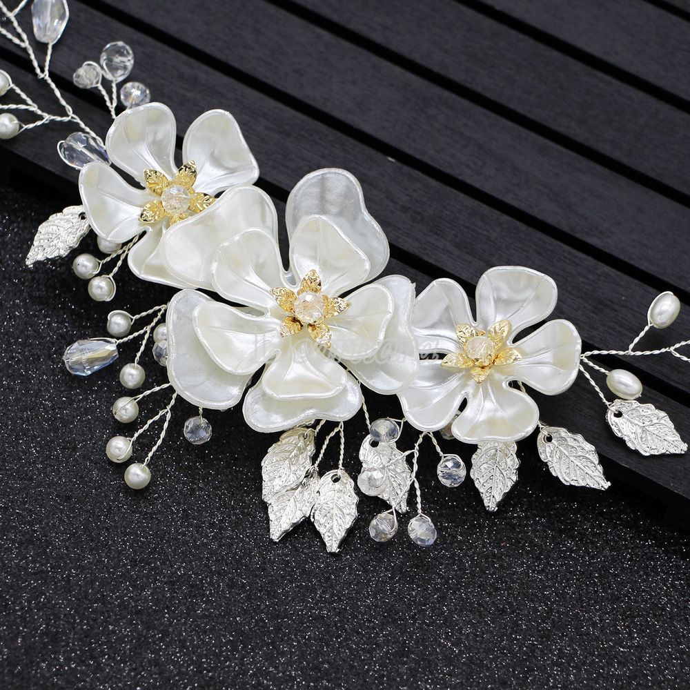 Fashion Bride Hand-woven Pearl Headdress White Crystal Flower Pearl Leaf Wedding Dress Accessories Headband Bridal Accessories