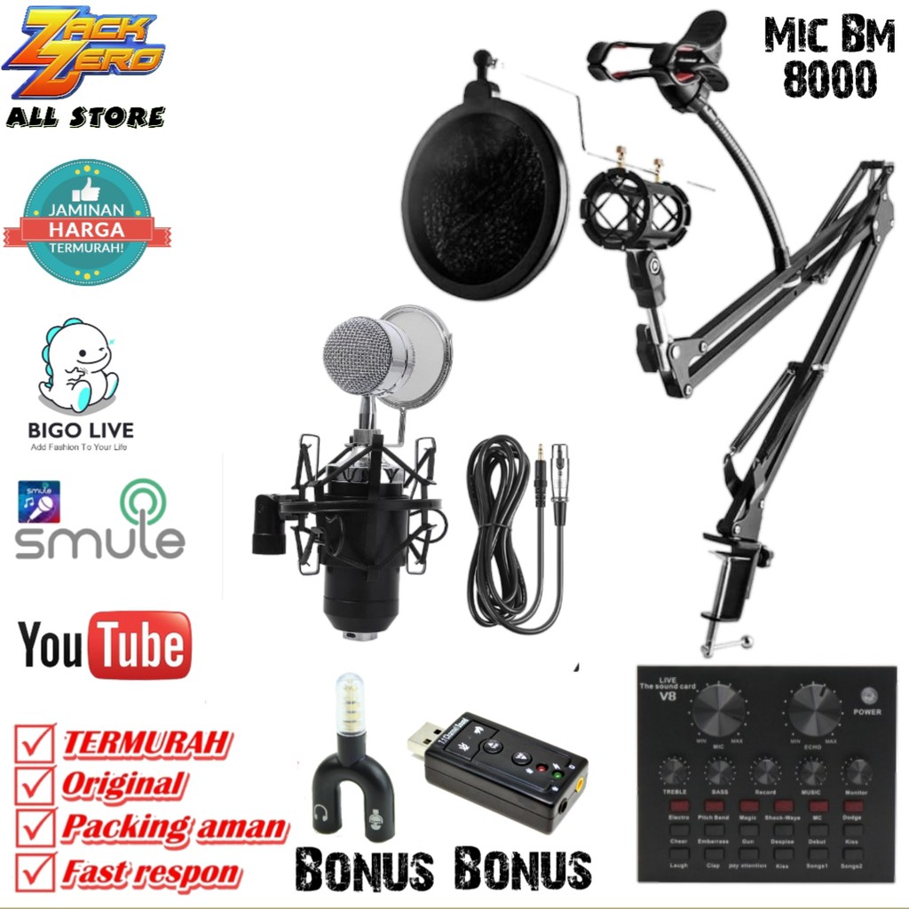 PAKET MIC BM 8000 TERLENGKAP TERMURAH ORIGINAL FOR RECORDING YOUTUBE - SMULE- BIGOLIVE