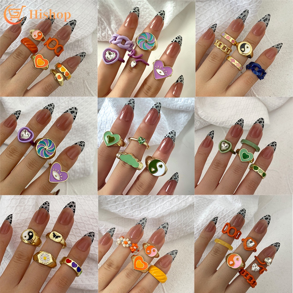 Colorful Gold Rings Set Heart Tai Chi Adjustable Crystal Resin Ring for Women Jewelry Fashion Accessories