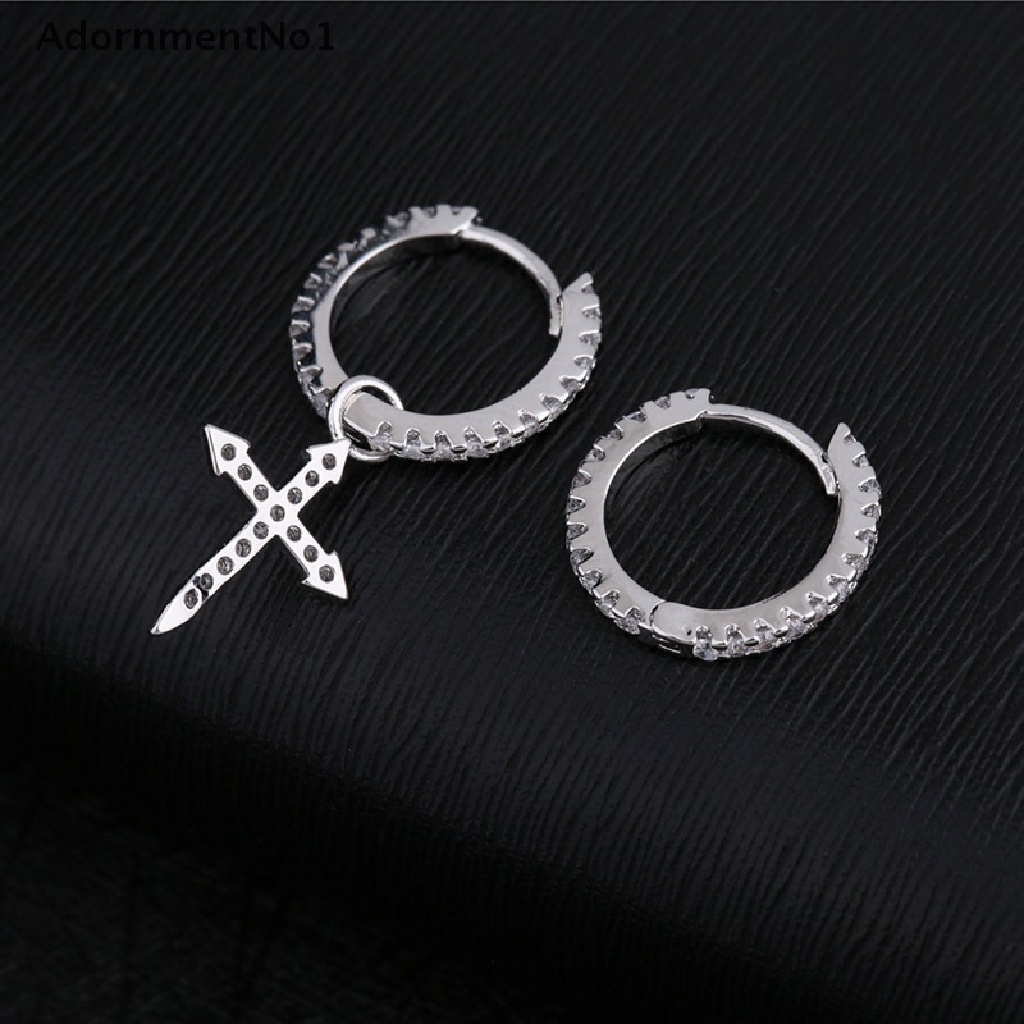 (AdornmentNo1) Anting Bulat Gantung Asimetris Sterling Silver Motif Salib Aksen Zircon Kubik Untuk Wanita