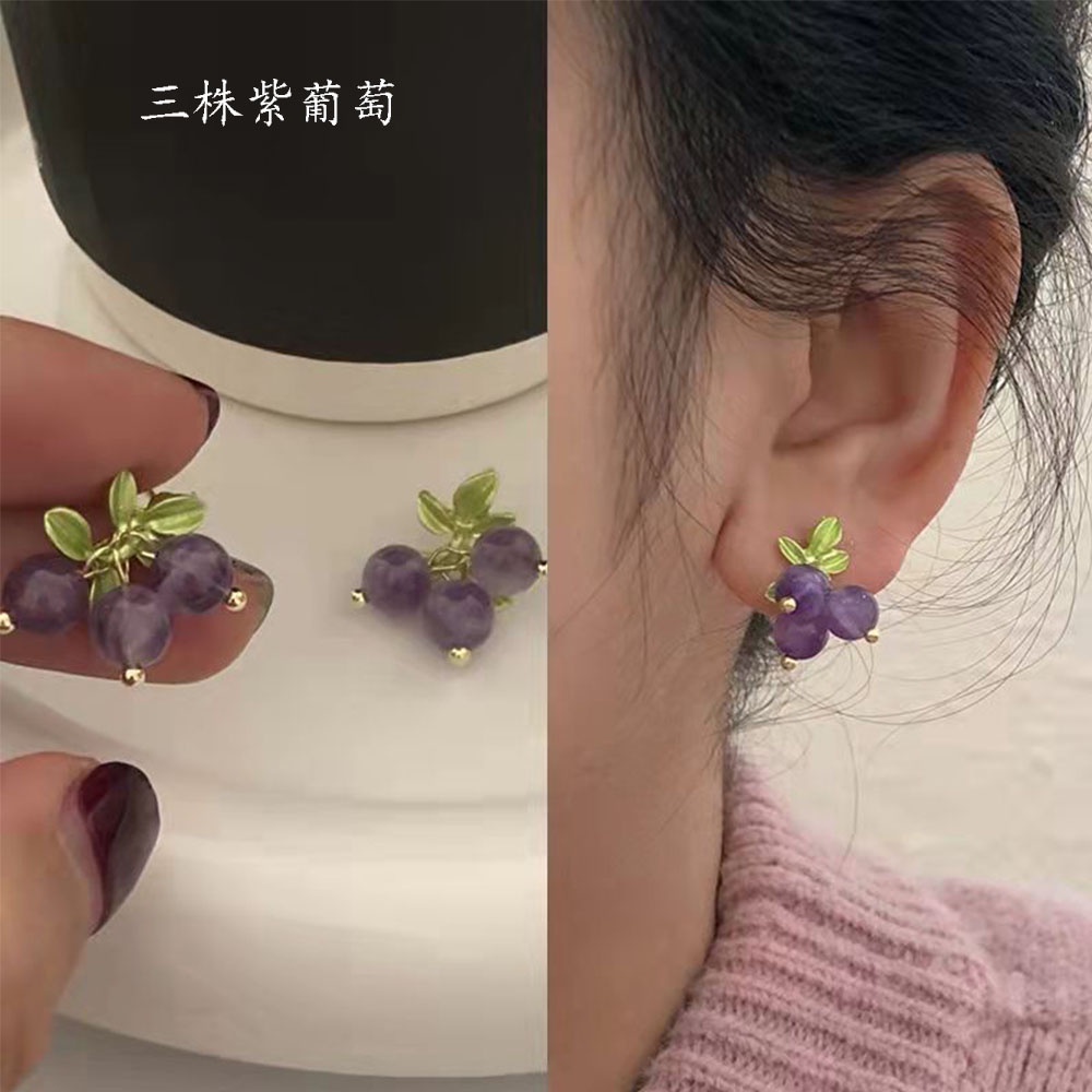 【COD Tangding】Anting Tusuk Gantung Temperament Desain Anggur Ungu Hias Kristal Gaya Musim Semi Untuk Wanita