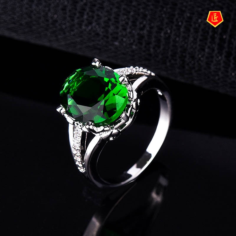 [Ready Stock]Fashion Elegant Green Colored Gems Ring Female 925 Silver