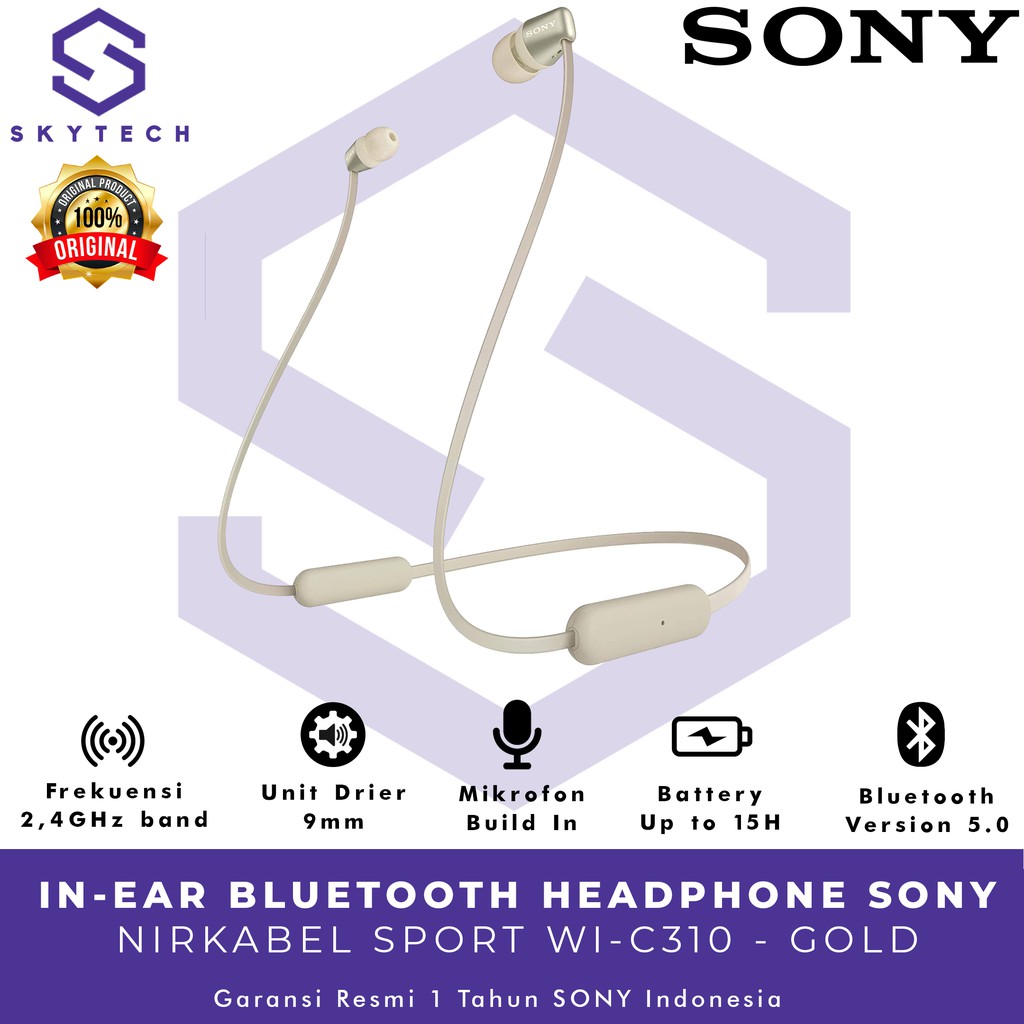 EARPHONE BLUETOOTH SONY WI C310 GOLD ORIGINAL GARANSI RESMI