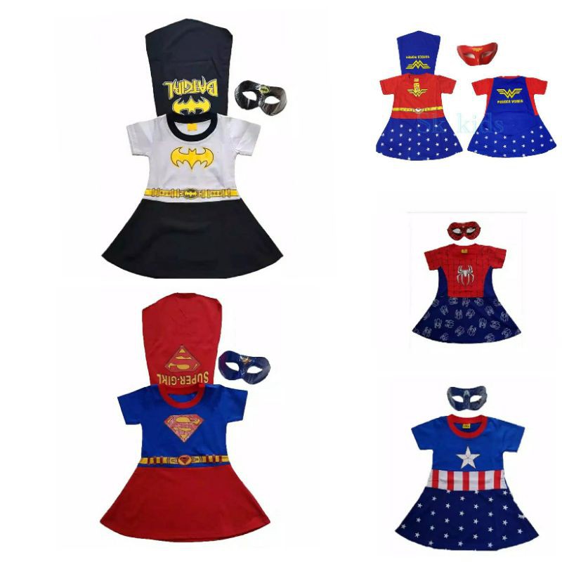 KOSTUM DRESS ANAK SUPERHERO BATGIRL WONDER WOMAN SUPERGIRL SPIDERGIRL CAPGIRL GRATIS TOPENG TERLARIS