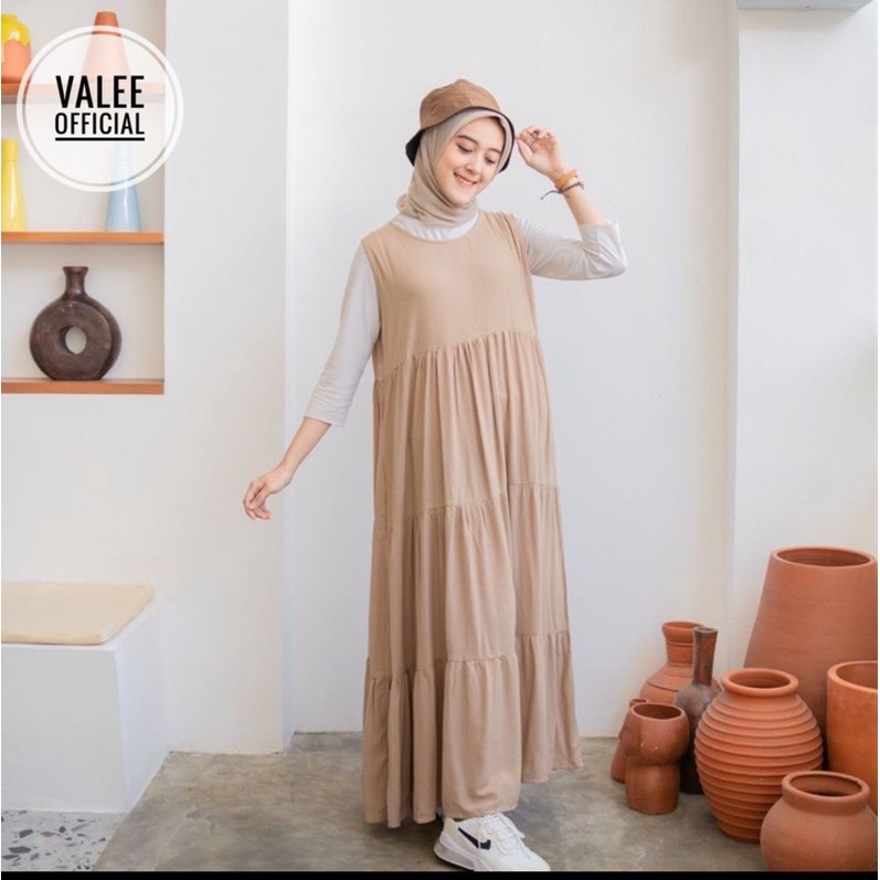 INNER DRESS/LONG DRESS TANPA LENGAN/BAHAN KATUN SHAKILA/MAXI DRESS FLARE WANITA/DRESS SERUT