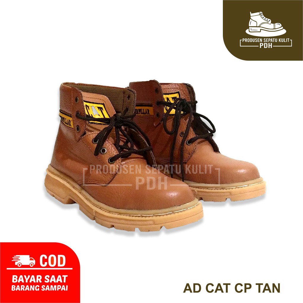 SEPATU SAFETY MURAH BOOT PENDEK TALI KING CATERPILLAR UJUNG BESI KULIT ASLI CAT.CP TAN