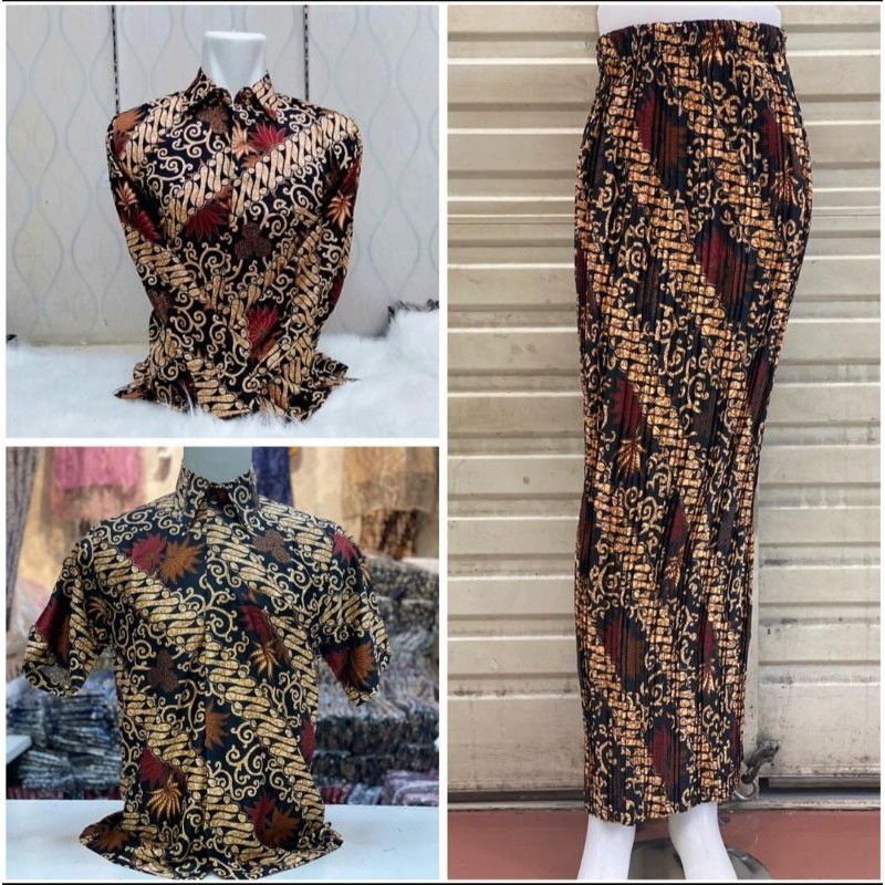 Couple Kemeja Batik Rok Plisket / Bawahan Kebaya / Kemeja Batik Panjang / Hem Batik Pria Pendek