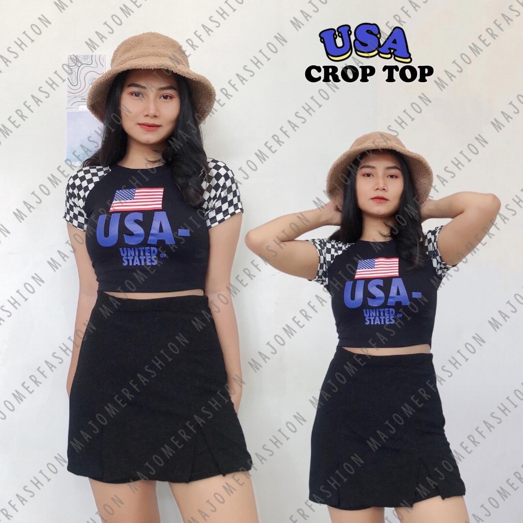 BEFAST - ZEC OOTD Wanita Kaos Crop Top KIYA / USA Catur Crop Top RIB / Atasan Kaos Wanita / Tshirt Lengan Pendek / Kaos Kekinian Remaja Wanita / Crop Top Trendy / Kaos Terbaru 2022 / OOTD Ala Korea Style