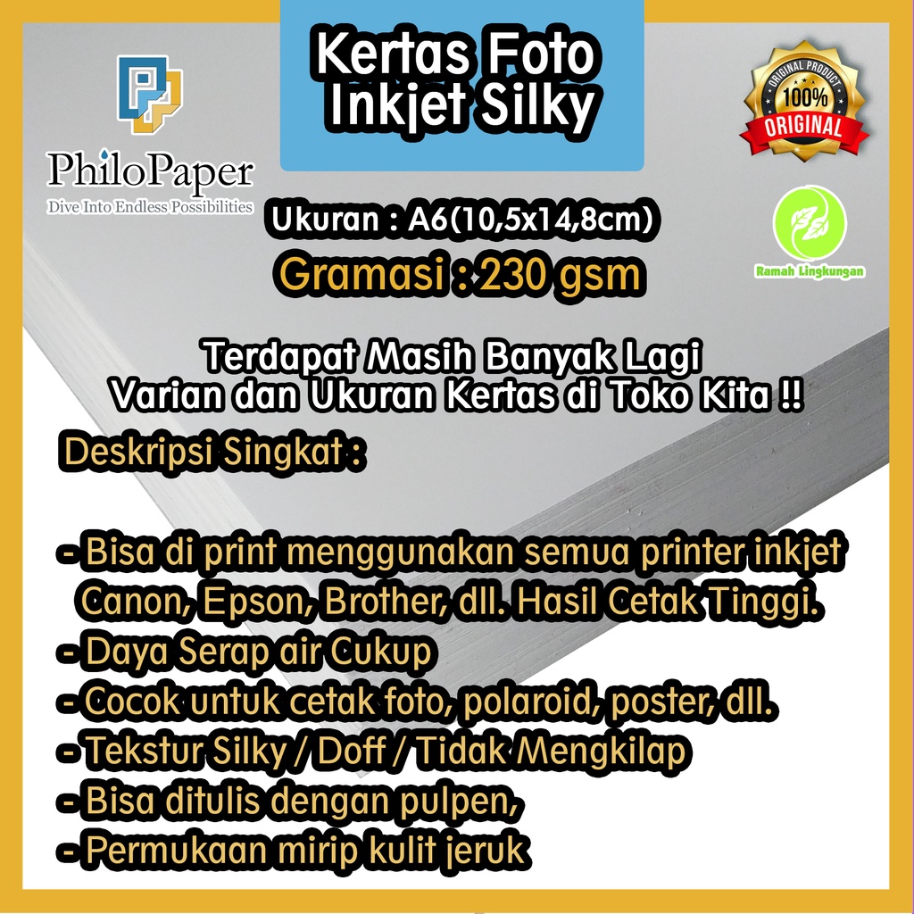

Kertas Foto Doff / Silki Inkjet 230 Gsm A6