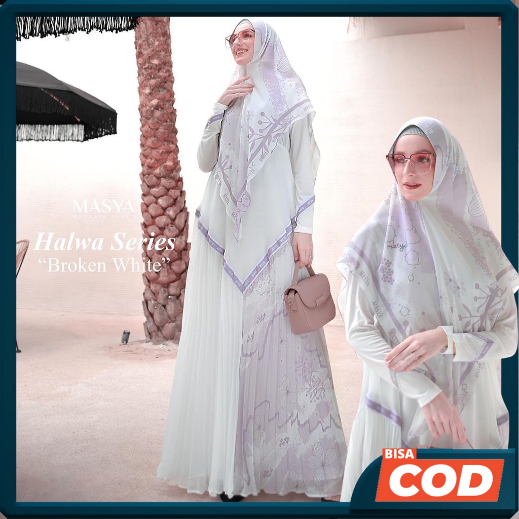 HALWA Set Gamis Dress Busui Friendly Ceruty Babydoll Premium Syari Branded Warna Putih Tulang - Brok