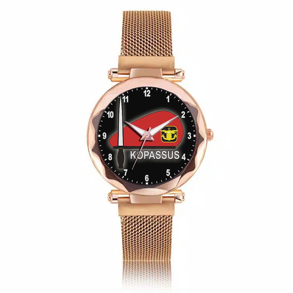 Jam Tangan Wanita Custom - KOPASSUS BAYGROUND HITAM  MOTIF 1 Free Box &amp; Batre Cadangan