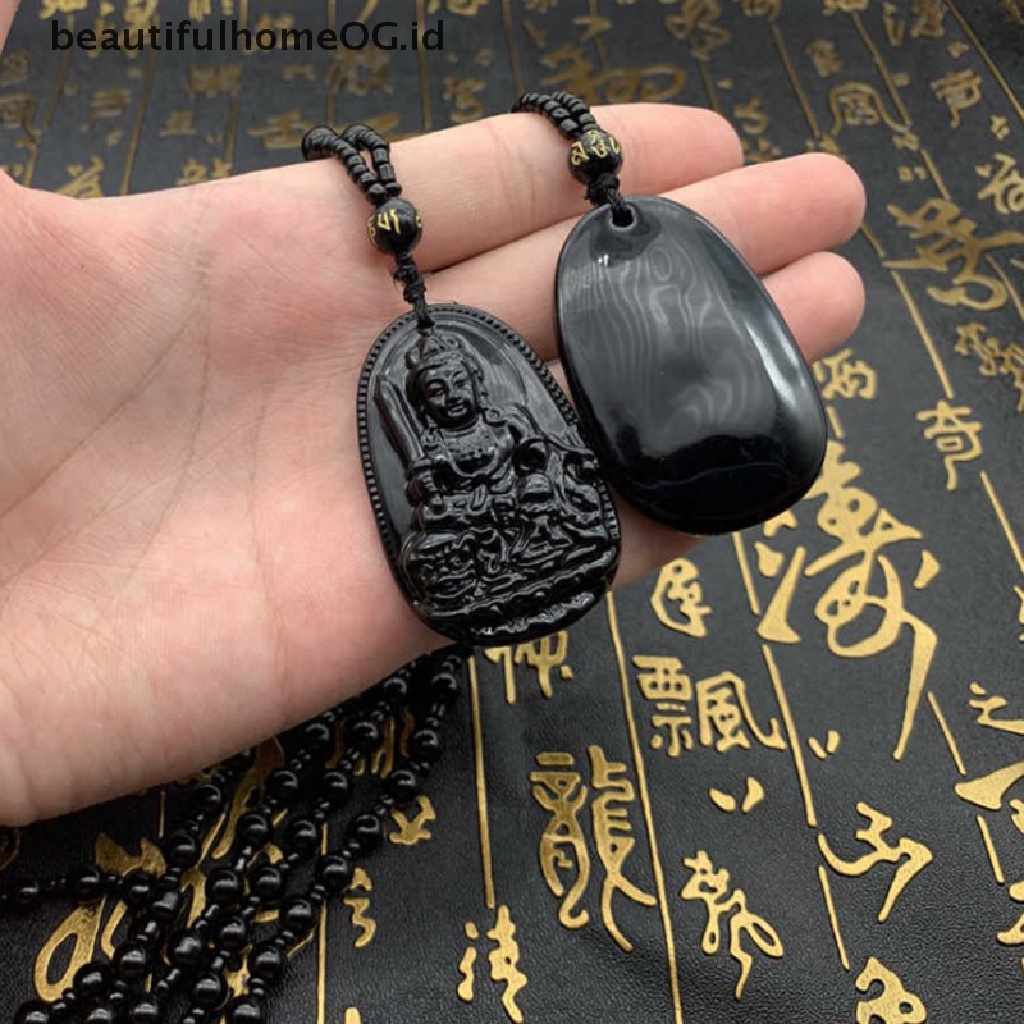 1pc Kalung Liontin Batu Obsidian Alami Ukiran Budha