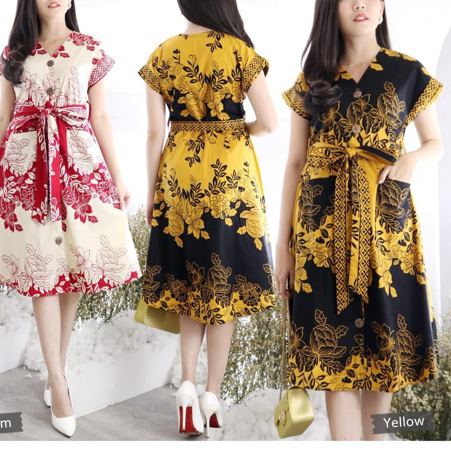 RQ3ღ Dress Batik Modern V Neck / Dress Batik Modern Model Ikat Tali Pinggang / Dress Batik A-Line Ba