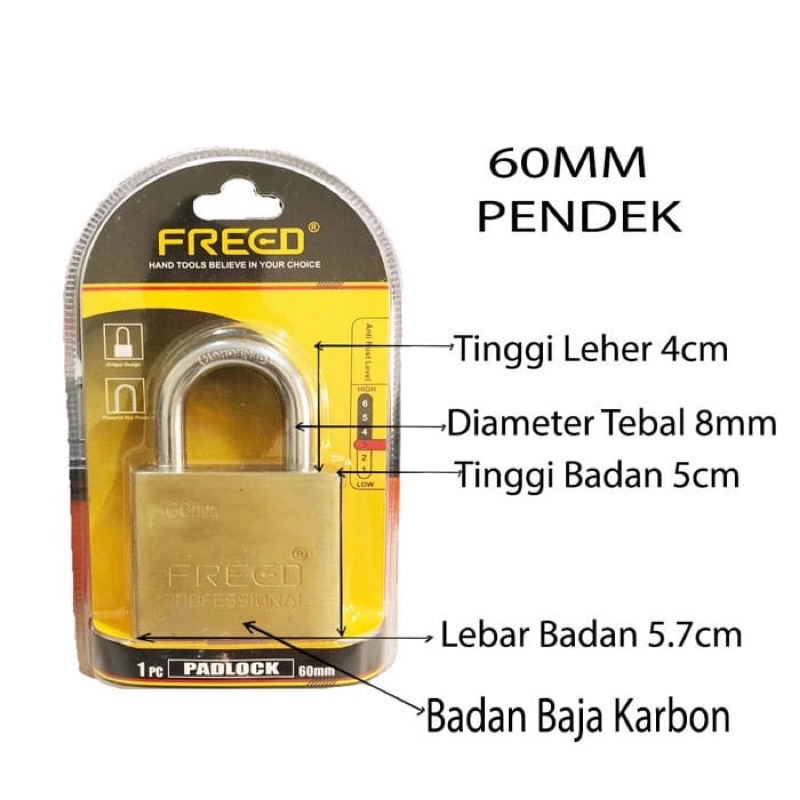 Gembok baja karbon pintu pagar pendek 40mm - 70mm Freed