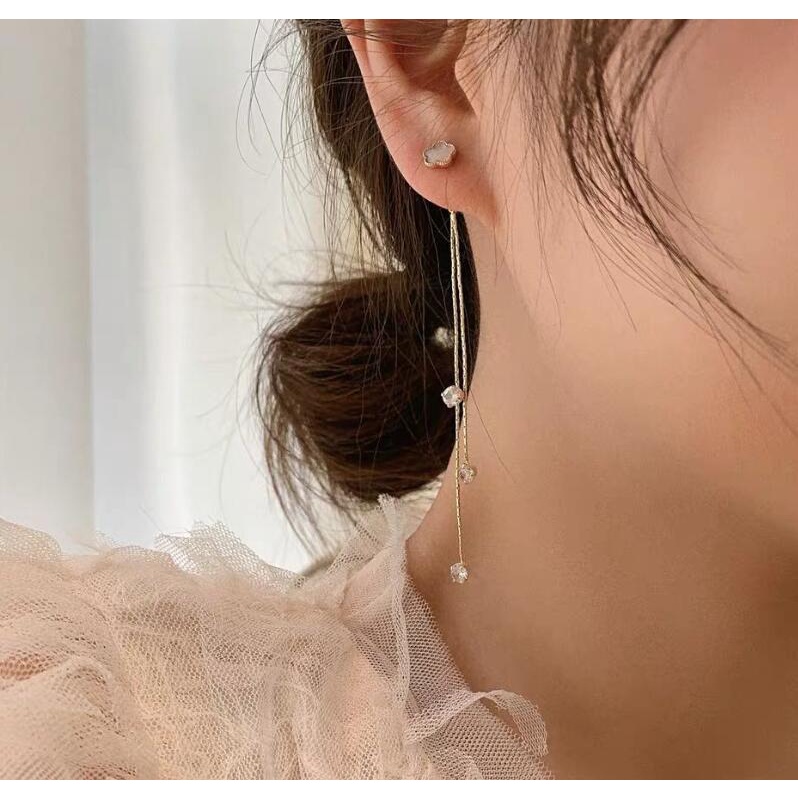 925 perak bunga jarum anting-anting internet influencer aksesoris indah halus grace panjang rumbai a