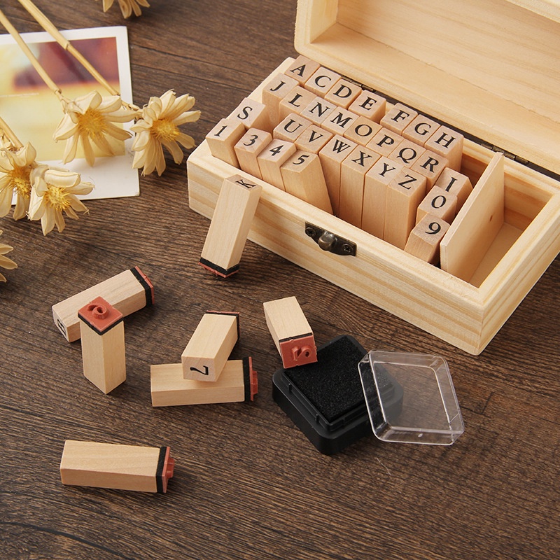 Alphabet Stamp Set Stempel Huruf Alfabet Stempel Cap Kayu Karet / Rubber Stamp Set With Ink