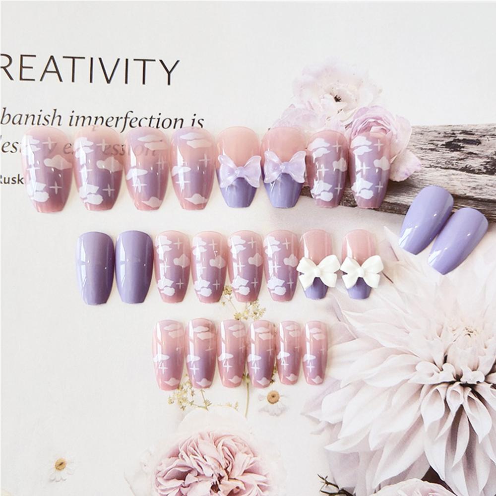 Timekey 24pcs / set Kuku Palsu Panjang Desain Pita Bisa Dilepas Untuk Manicure / Nail Art A7K9