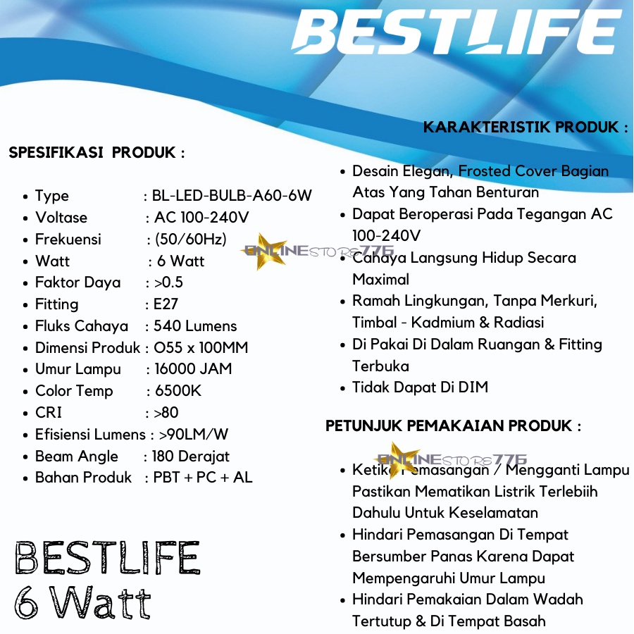 LAMPU BOHLAM LED BESTLIFE 6W / LAMPU LED BESTLIFE 6 WATT / BOHLAM GARANSI 1 TAHUN / CAHAYA PUTIH