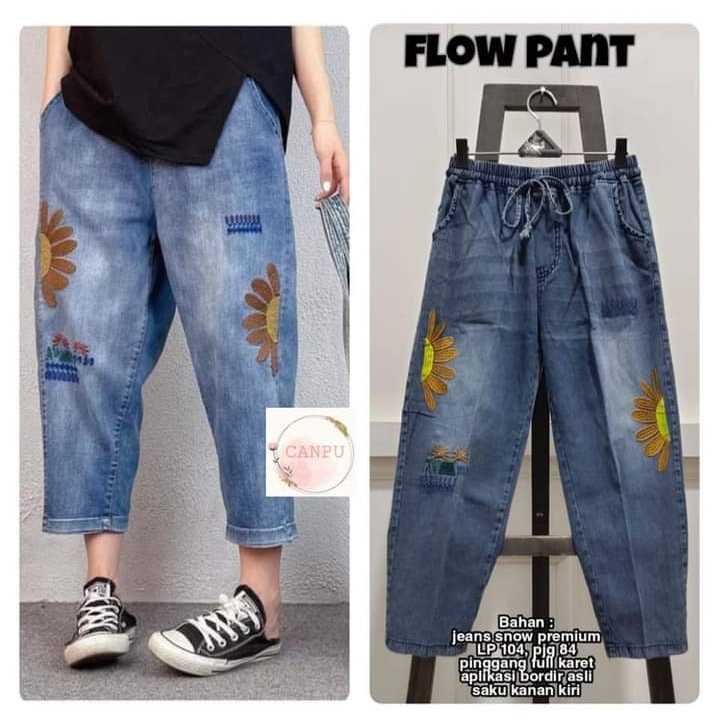 Flow Baggy Pants Jumbo Variasi Bordir Bunga Matahari Saku Samping Bahan Jeans