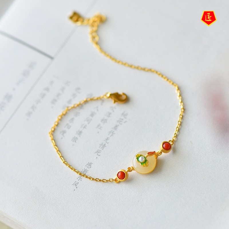 [Ready Stock]Lotus Leaf Earrings Jade Pendant Bracelet Ring Retro Set