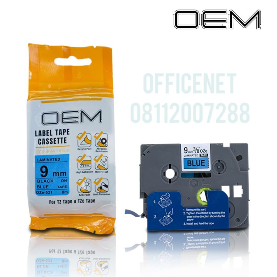 OZe-521 OEM LABEL TAPE BROTHER 9mm BLACK ON BLUE