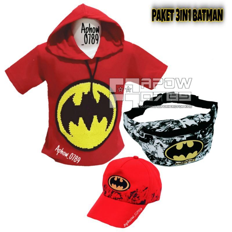 { BISA COD } Paket Murah 3in1 Kaos Hoodie anak usap karakter Batman/Free Tas Waistbag dan topi usia 2-10thn