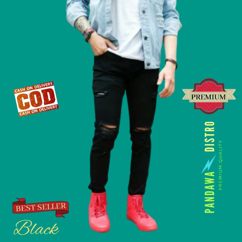 CELANA SOBEK PRIA RIPPED JEANS ROBEK SLIMFIT PENSIL SKINNY HITAM PREMIUM 27-38