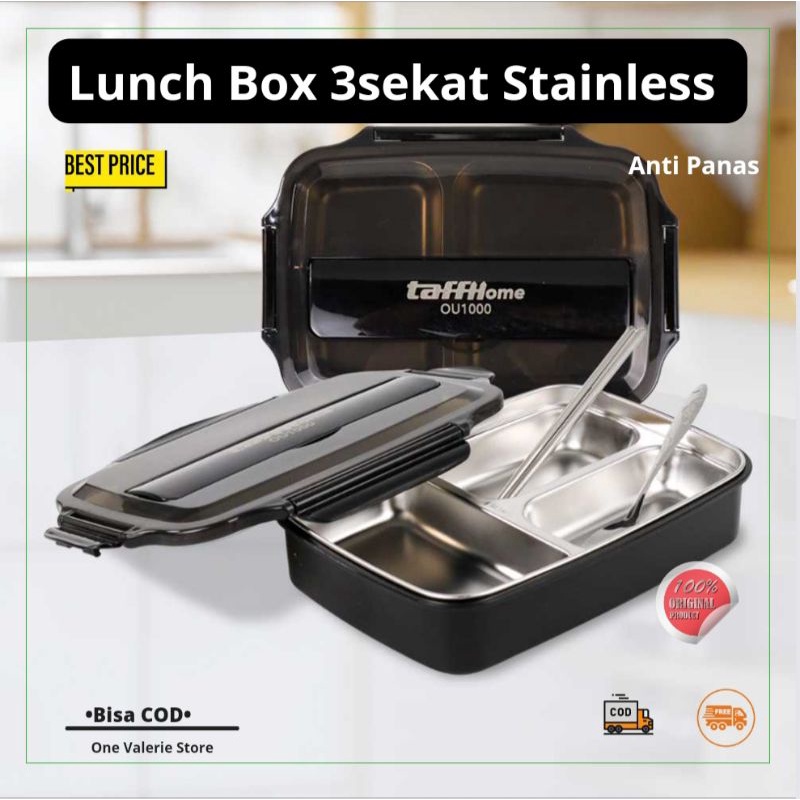 Tempat Makan Stainless 3 Sekat Lengkap Lunch Box Kotak Bekal Anak Tahan Panas Dan Anti Tumpah Lengka