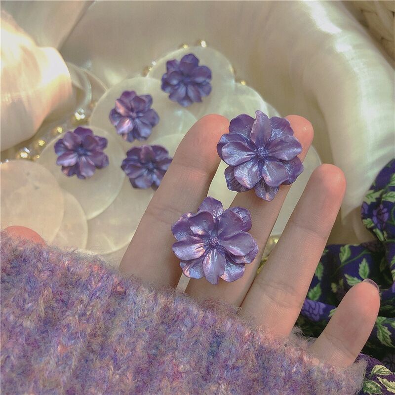 Anting Bunga Gardenia Purple Earrings Retro Korean Style