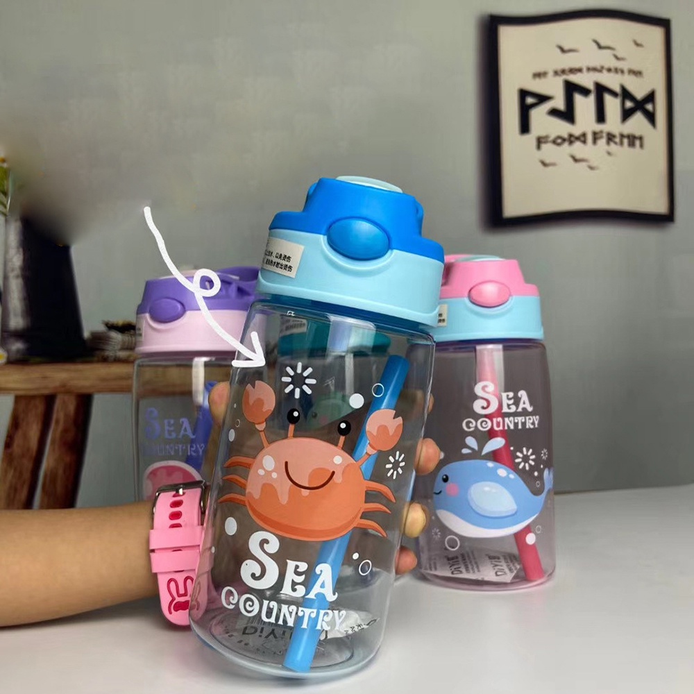 Botol Minum 480ml Motif Kartun Dengan Sedotan Untuk Travel / Outdoor