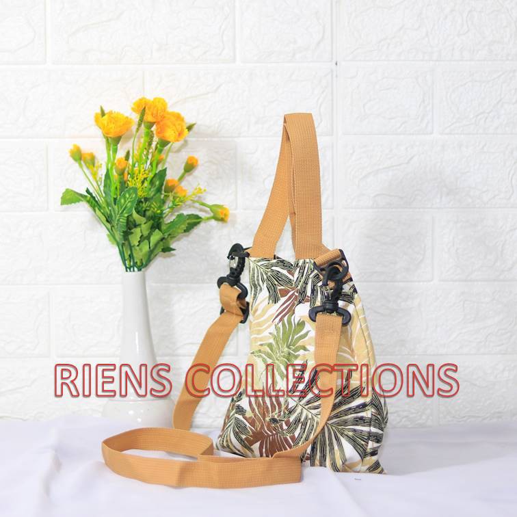 SLING BAG TAS SELEMPANG KANVAS MOTIF FLORAL PALM COKLAT RIENS COLLECTIONS. TAS KANVAS JOGJA