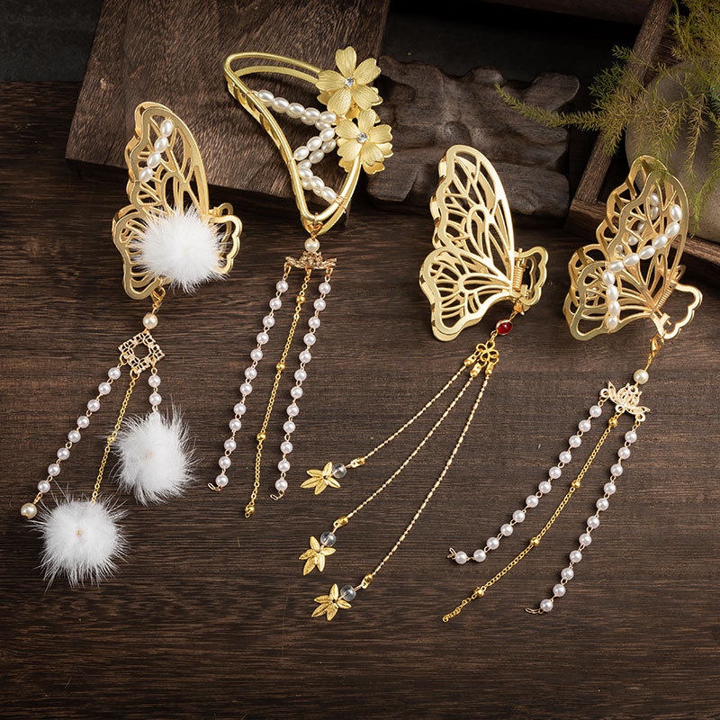 YEEZII Korean Butterfly Pendant Hair Clip Gold Silver Big Shark Claw Clip Pearl Shell Hair Clips Elegant Hair Accessories for Women