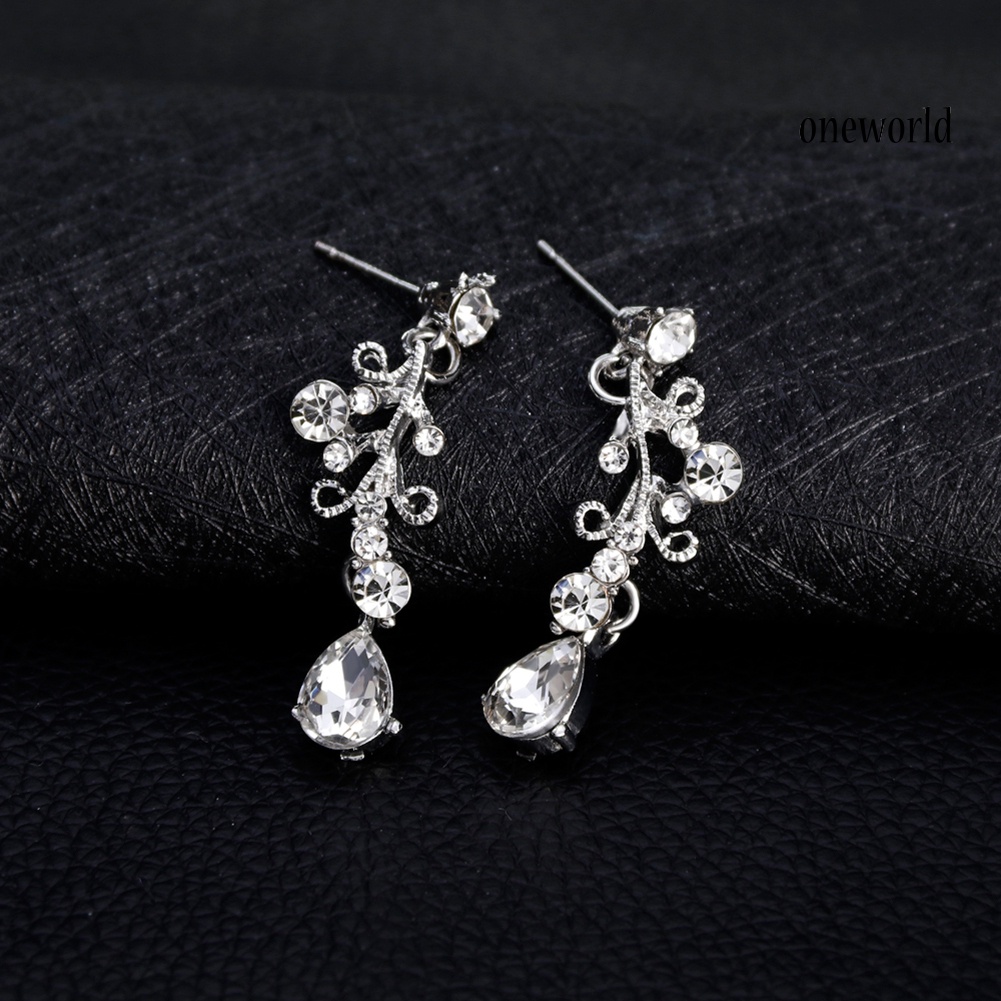 OW@ Women Fashion Rhinestone Teardrop Pendant Necklace Dangle Earrings Jewelry Set