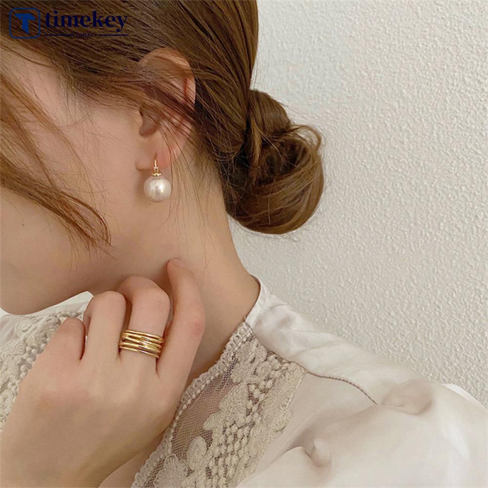 Timekey Anting Tusuk Gantung Desain Geometri Hias Mutiara Besar Gaya Retro Untuk Wanita F5O9