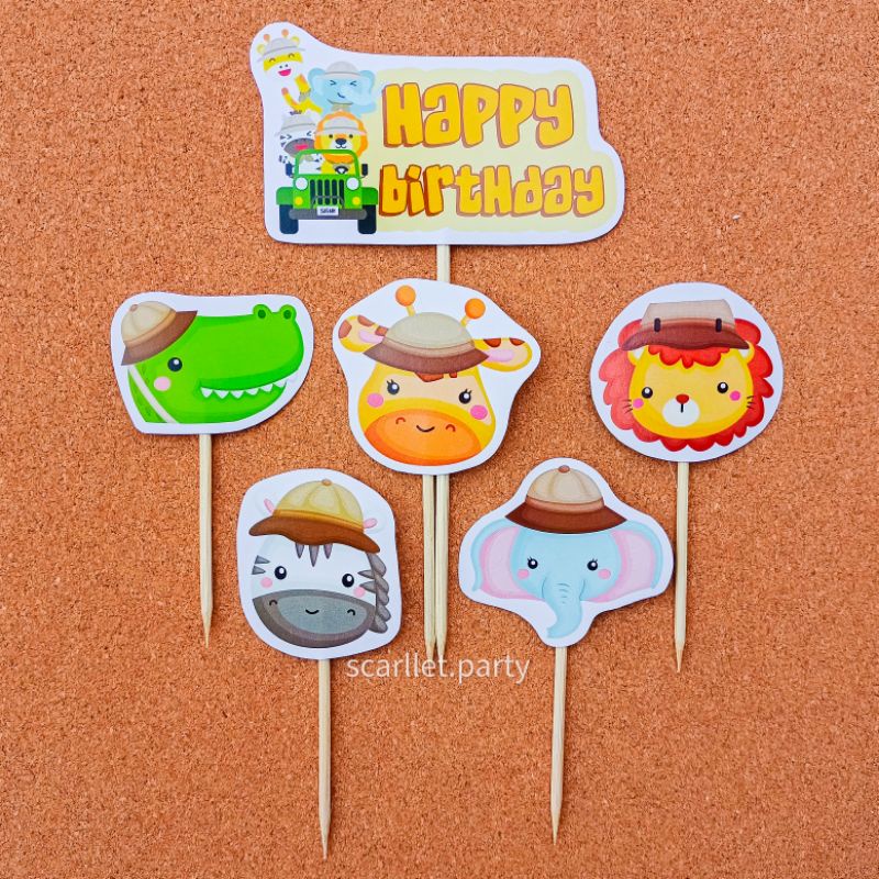 TOPPER CAKE ANIMAL BINATANG JUNGLE HIASAN KUE TUSUKAN KUE TART HBD HAPPY BIRTHDAY DEKORASI ULTAH ULA
