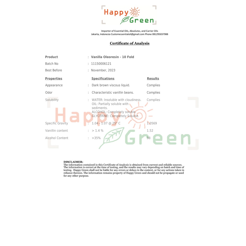 Happy Green Vanilla Oleoresin 10-fold - Resin Vanilla Panili