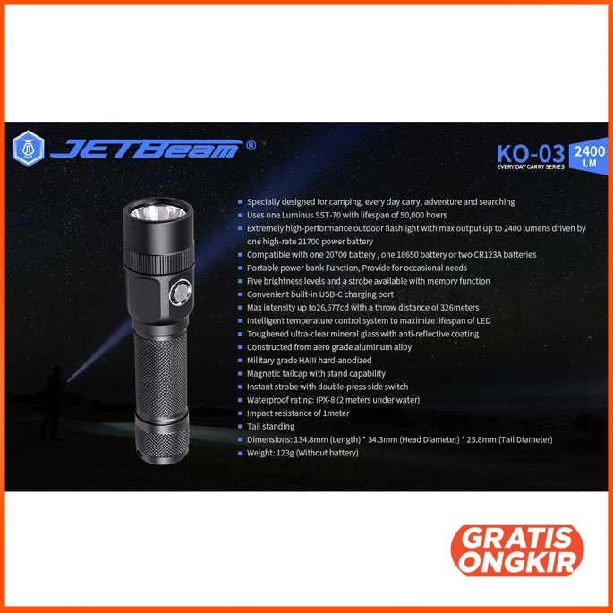 JETBeam KO-03 Senter LED EDC Flashlight CREE SST-70 2400 Lumens