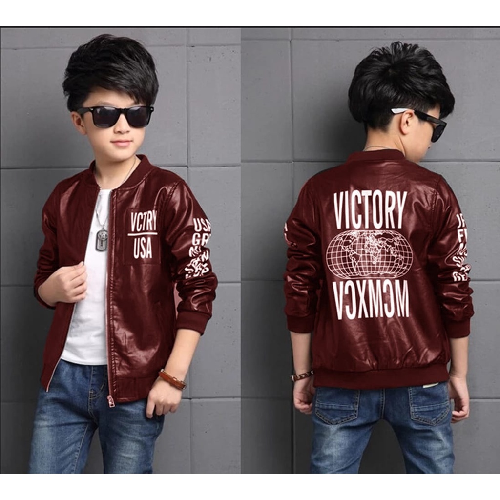 VICTORY Jaket Keren Fashion Bomber Anak Anak Kids Cewek Cowok Kulit Metalic Motif Premium Sleting An