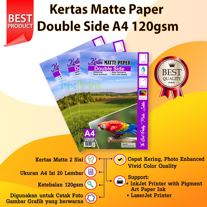 Kertas Matte Paper Double Side A4 120gsm, Kertas Matte Printer A4 20pc