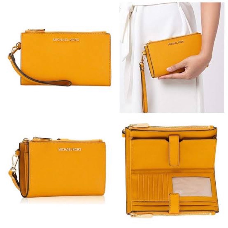 MK Dompet Jet Set travel large double zip wristlet marigold