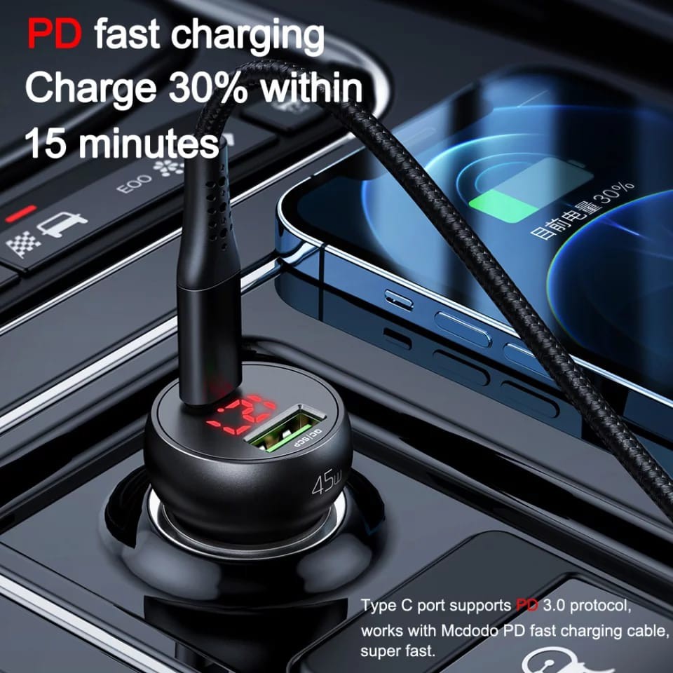 MCDODO Car Charger Usb + PD Digital Adaptor Fast Charging 45W CC-7030