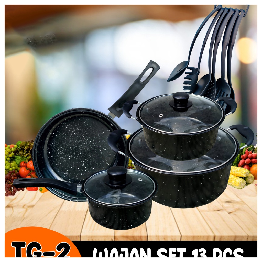 TERMURAH Panci 13 Set + Pisau Anti Lengket Marble Cookware Set Tutup Kaca