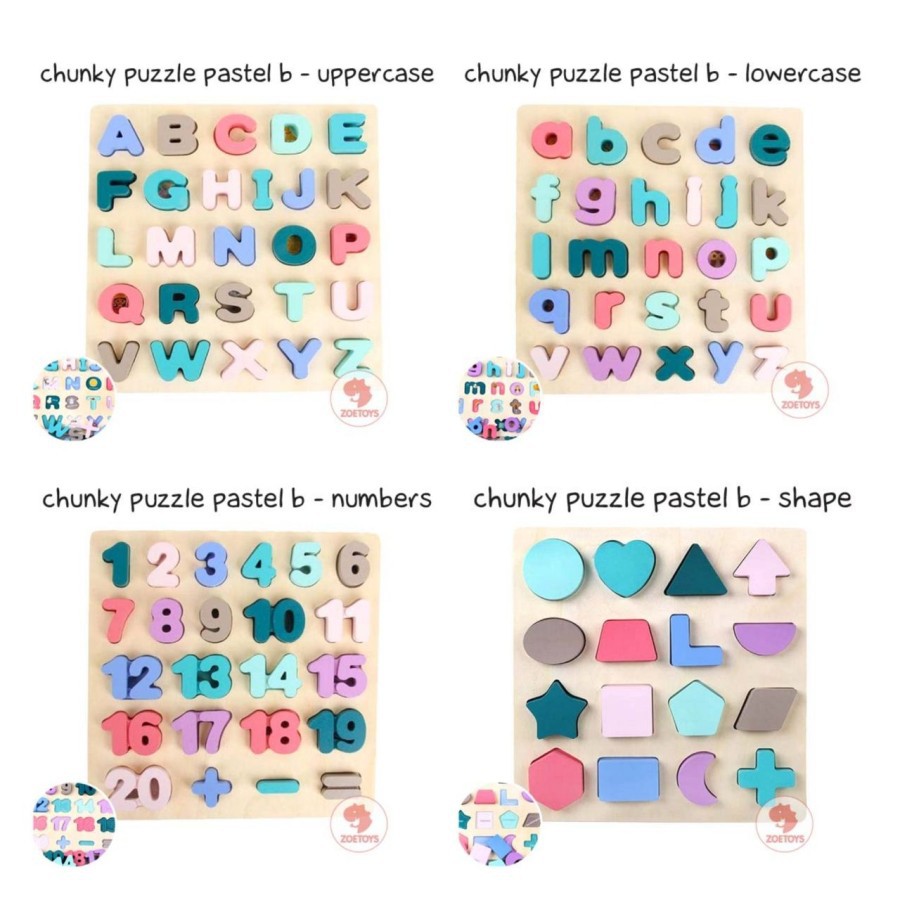 Zoetoys Premium Chunky Puzzle Pastel Alphabet | Wooden 3D Angka Huruf Geometri | Mainan Edukasi Anak | Cari Kado | Cari Kado Natal