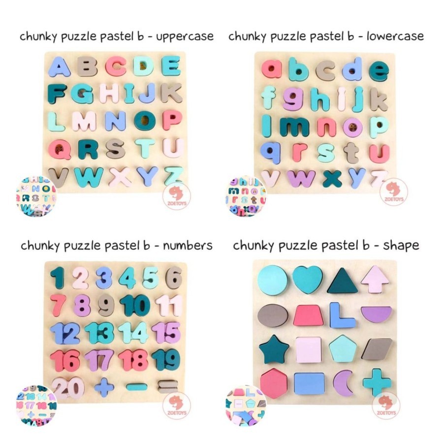 Zoetoys Premium Chunky Puzzle Pastel Alphabet | Wooden 3D Angka Huruf Geometri | Mainan Edukasi Anak | Cari Kado | Cari Kado Natal