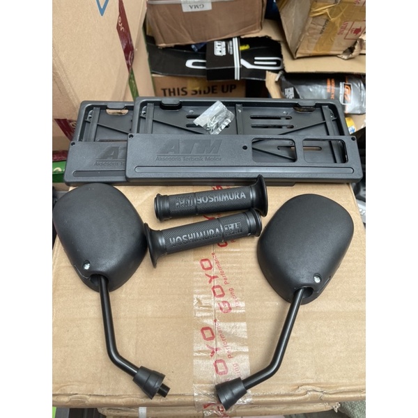 Spion Yamaha Mio Standar Hitam + Handgrip Yoshimura + Plat Nomor ATM Hitam polos Sepasang